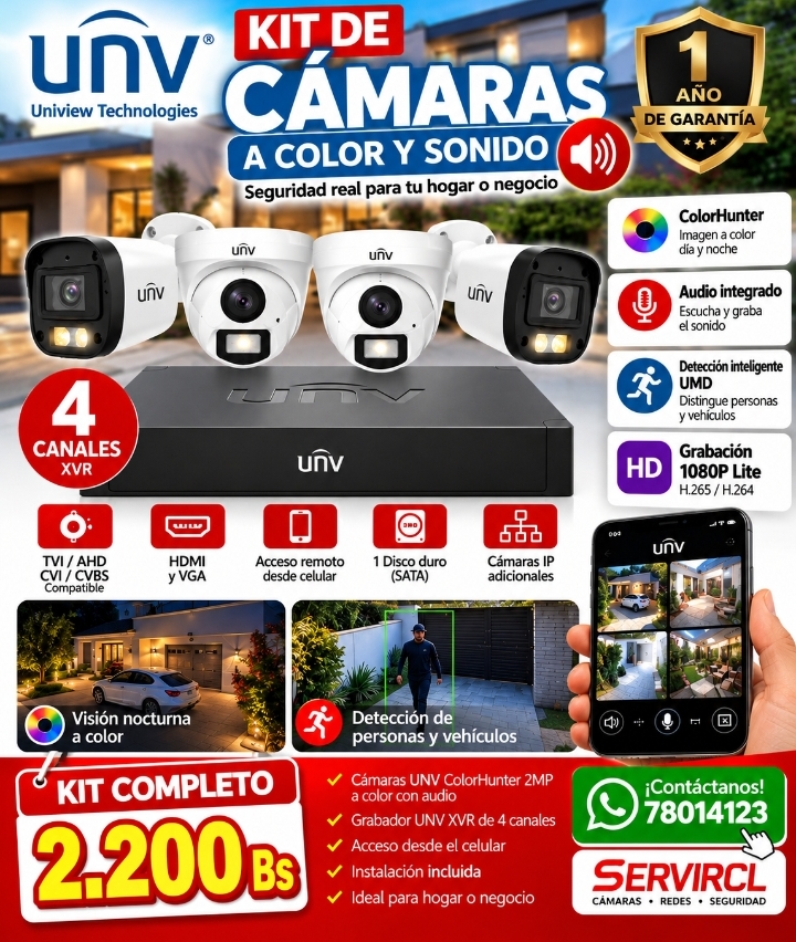 Kit de cámaras a color yKit de Cámaras UNV – Visión a Color + Audio + Detección Inteligente sonido