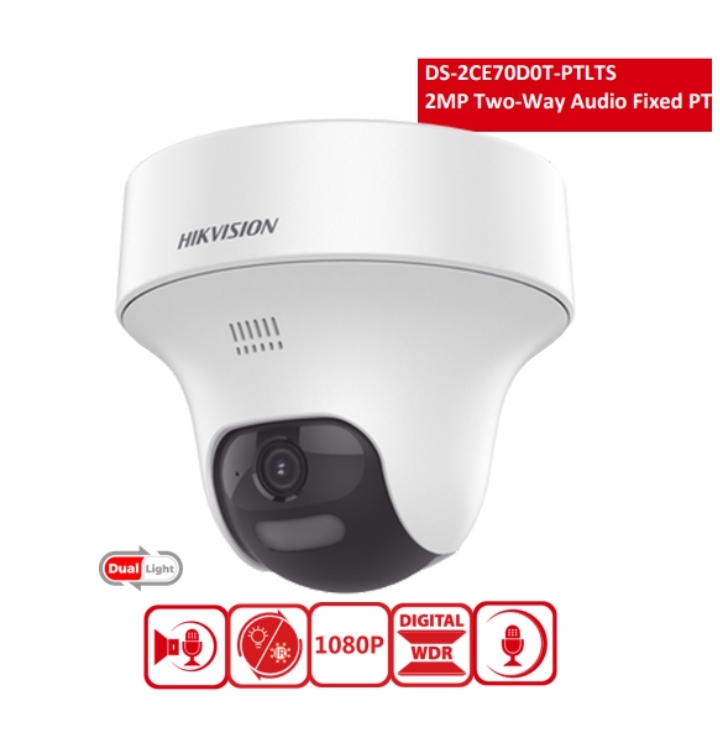 Cámara Hikvision DS-2CE70D0T-PTLTS – 2 MP PT 350° con audio bidireccional Cámara analógica Hikvision de 2 megapíxeles Full HD 1080P