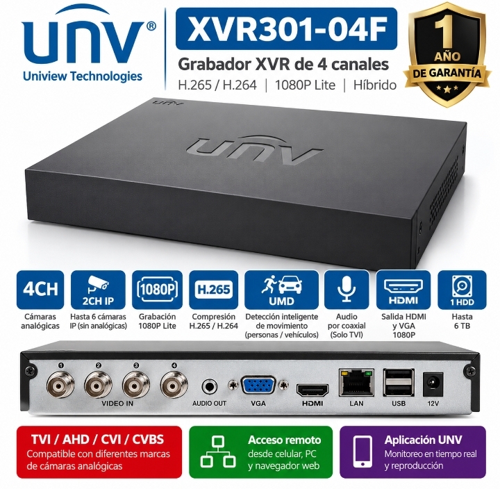 Grabador XVR UNV XVR301-04F – 4 Canales